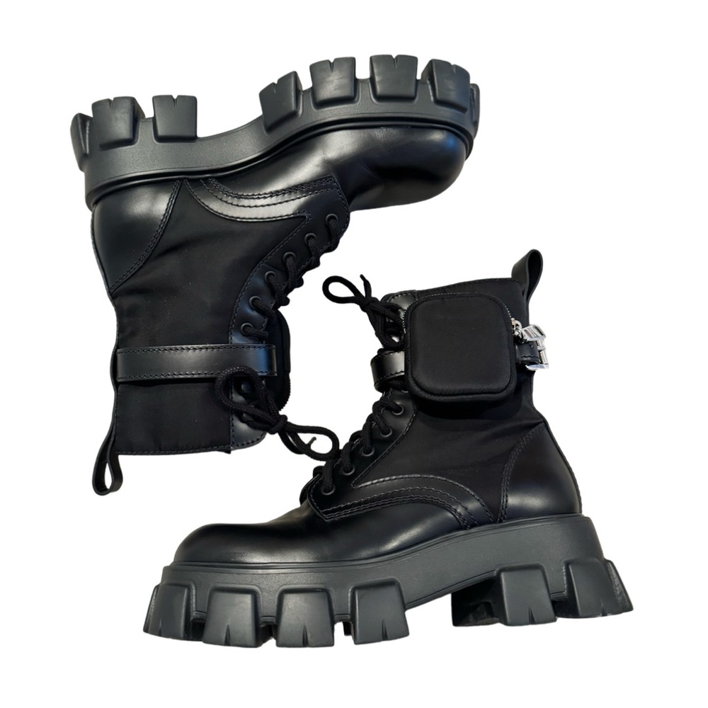 PRADA Monolith brushed leather and Re-Nylon boots with pouch BLACK (EU 40.5)